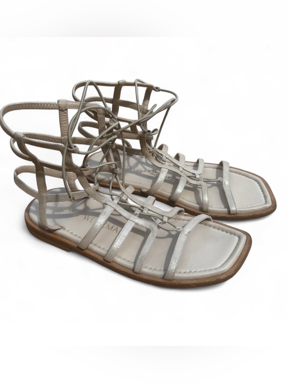 Stuart Weitzman Kora Lace-Up Gladiator Sandals in Tan Shimmer Size 9
